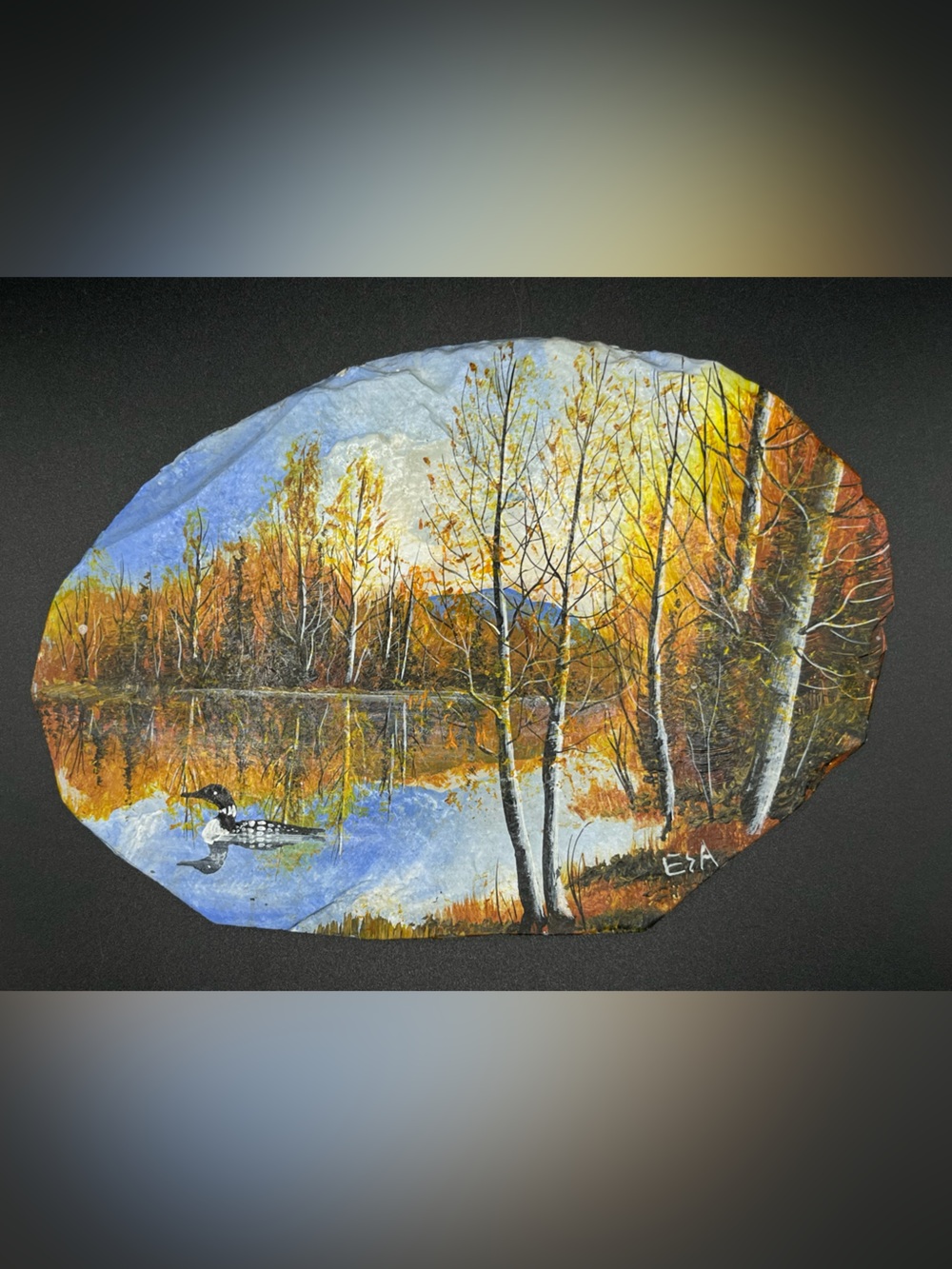 Original Signed Slate Painting Autumn Scene